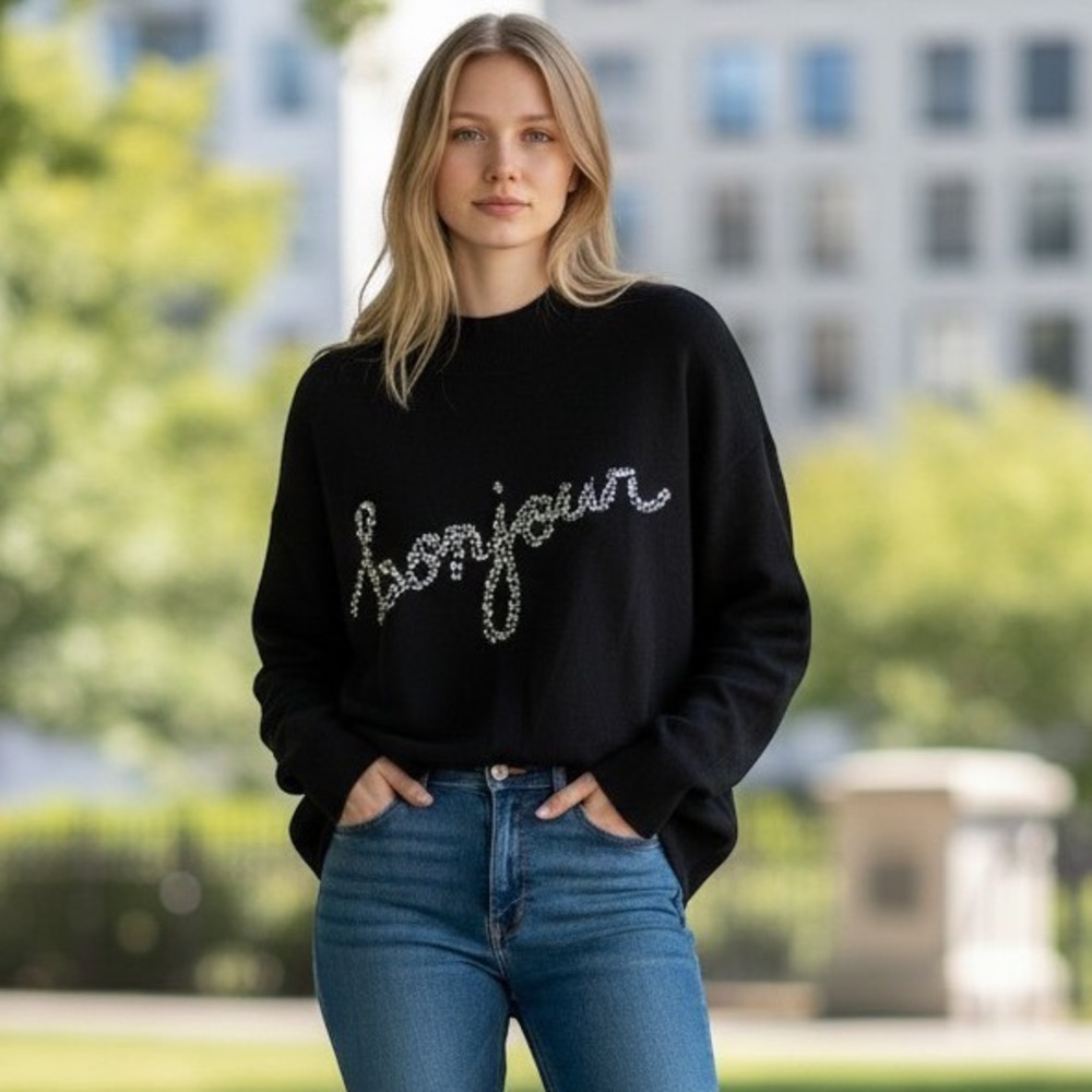 Karl Lagerfeld Paris Black Bonjour Rhinestone Knit Sweater Women's S Sparkle